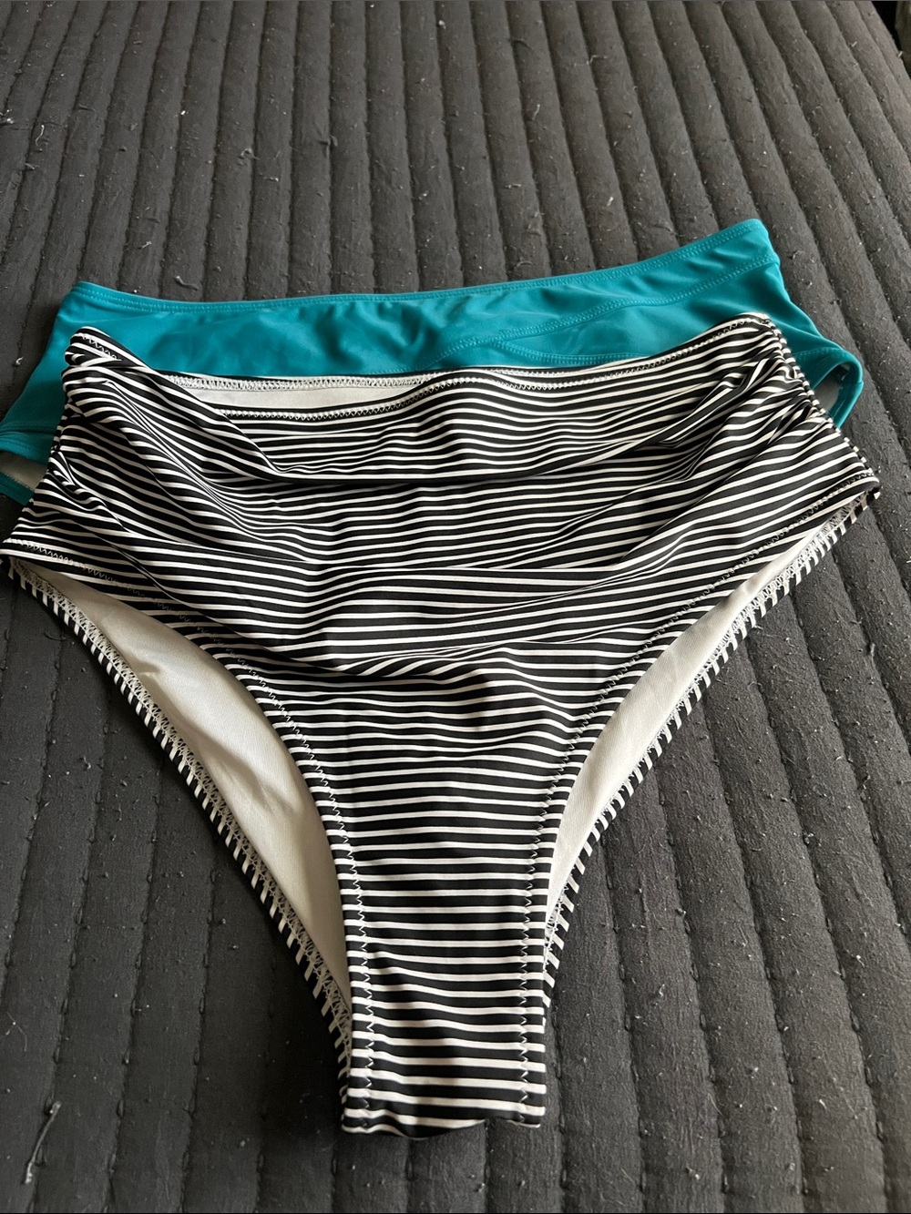 Women’s High-Waist Swim Bottoms - Black & White Stripe and Teal